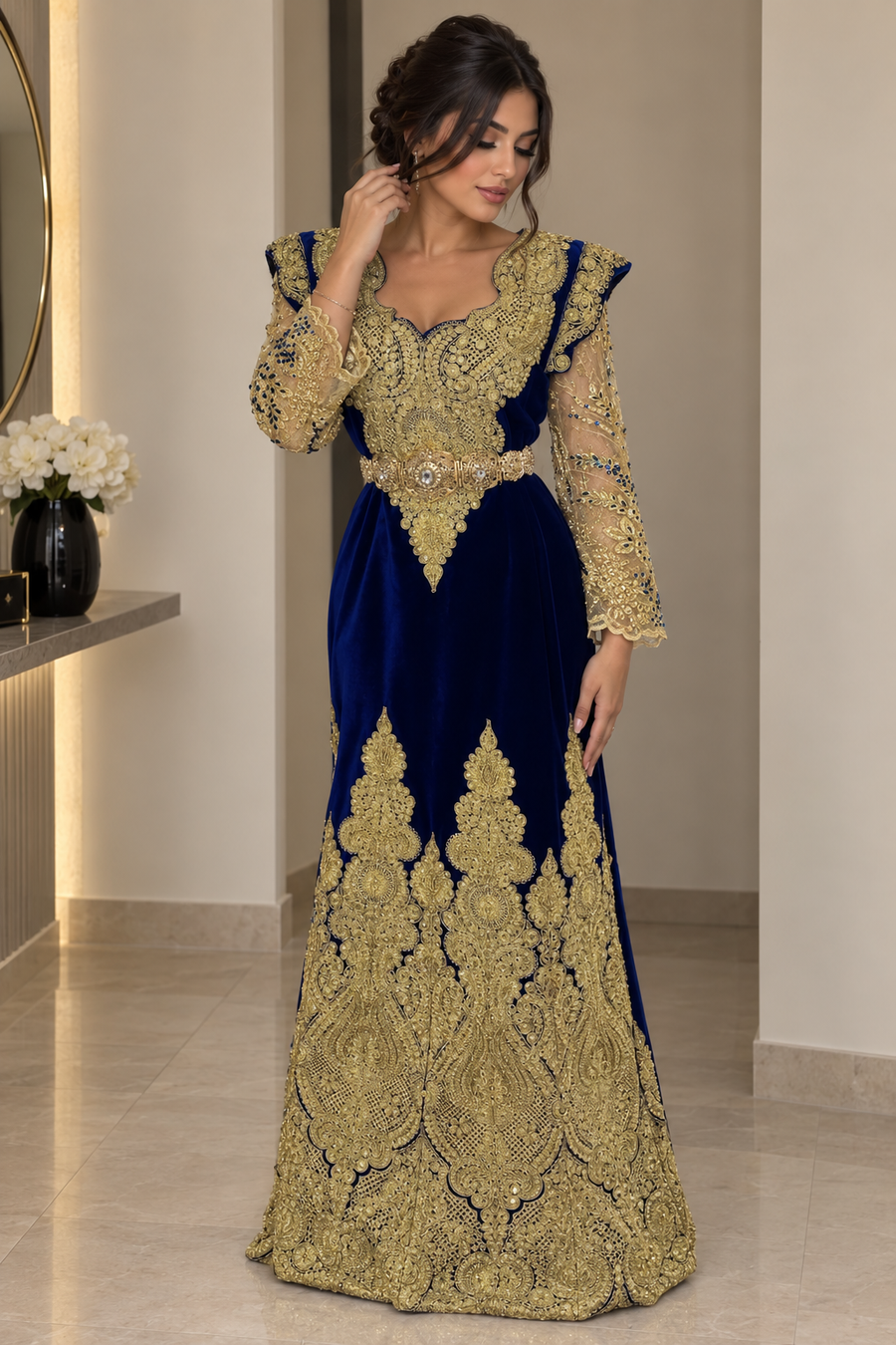 Robe Fergani Bleu Royal & Or — Modèle Unique