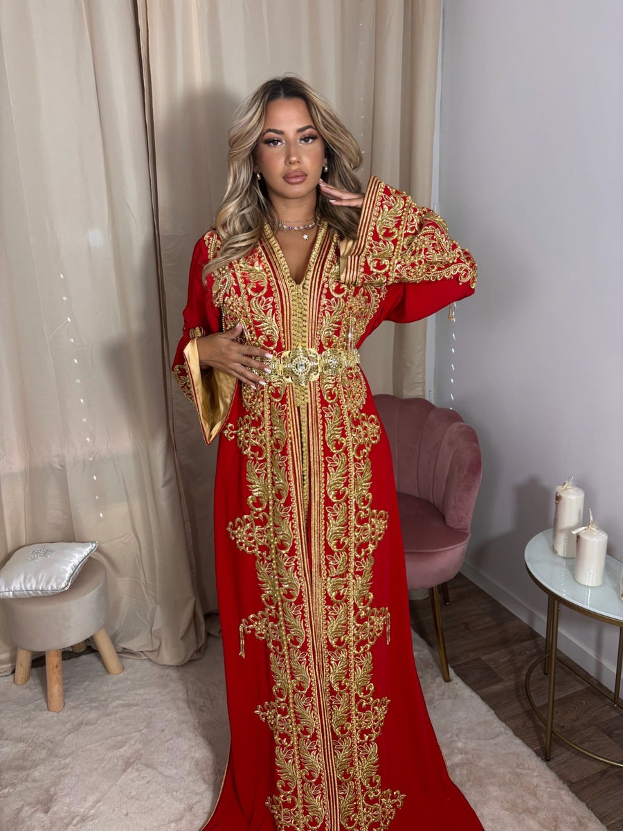 Caftan Royal rouge et or – Élégance marocaine