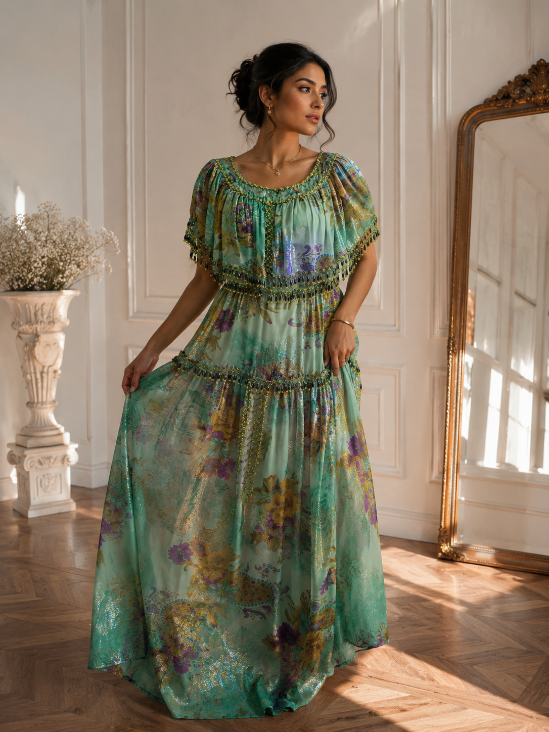 Robe Naili vert d’eau et motif floral – Élégance traditionnelle algérienne