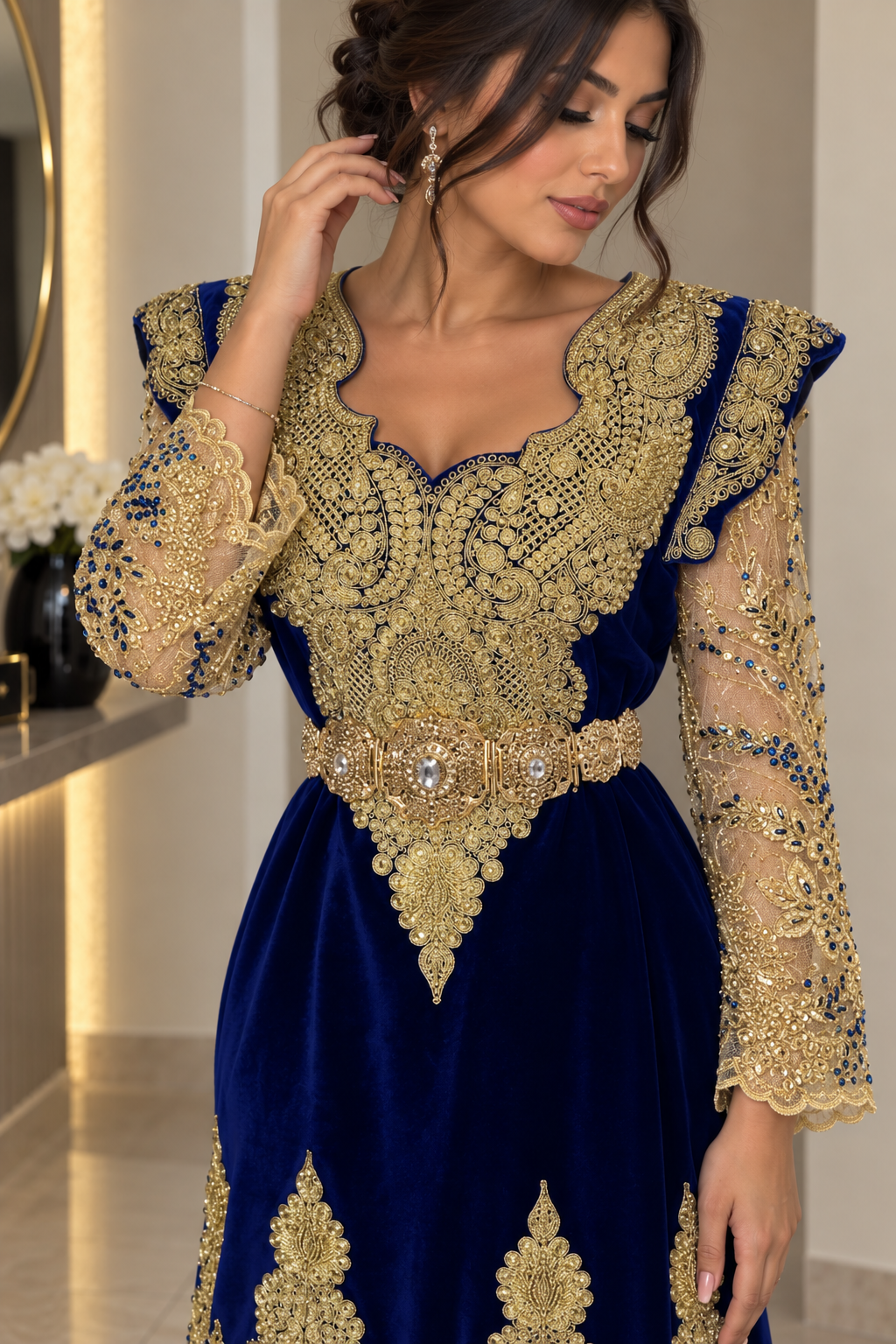 Robe Fergani Bleu Royal & Or — Modèle Unique