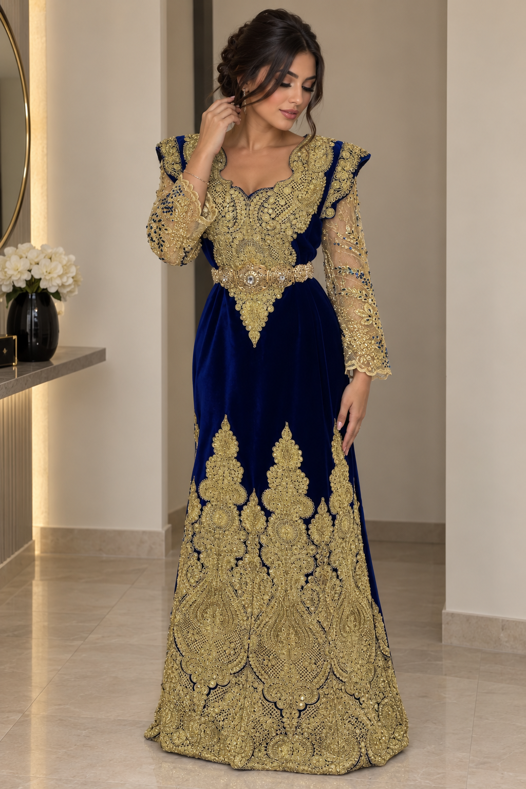 Robe Fergani Bleu Royal & Or — Modèle Unique